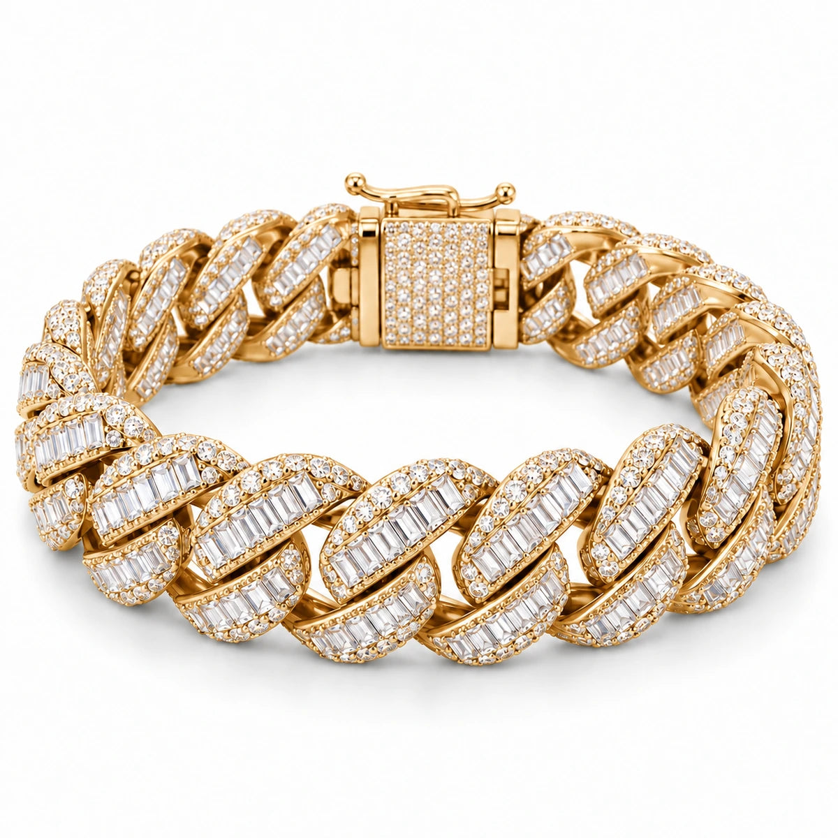 Prong Baguette Link Bracelet in iced gold